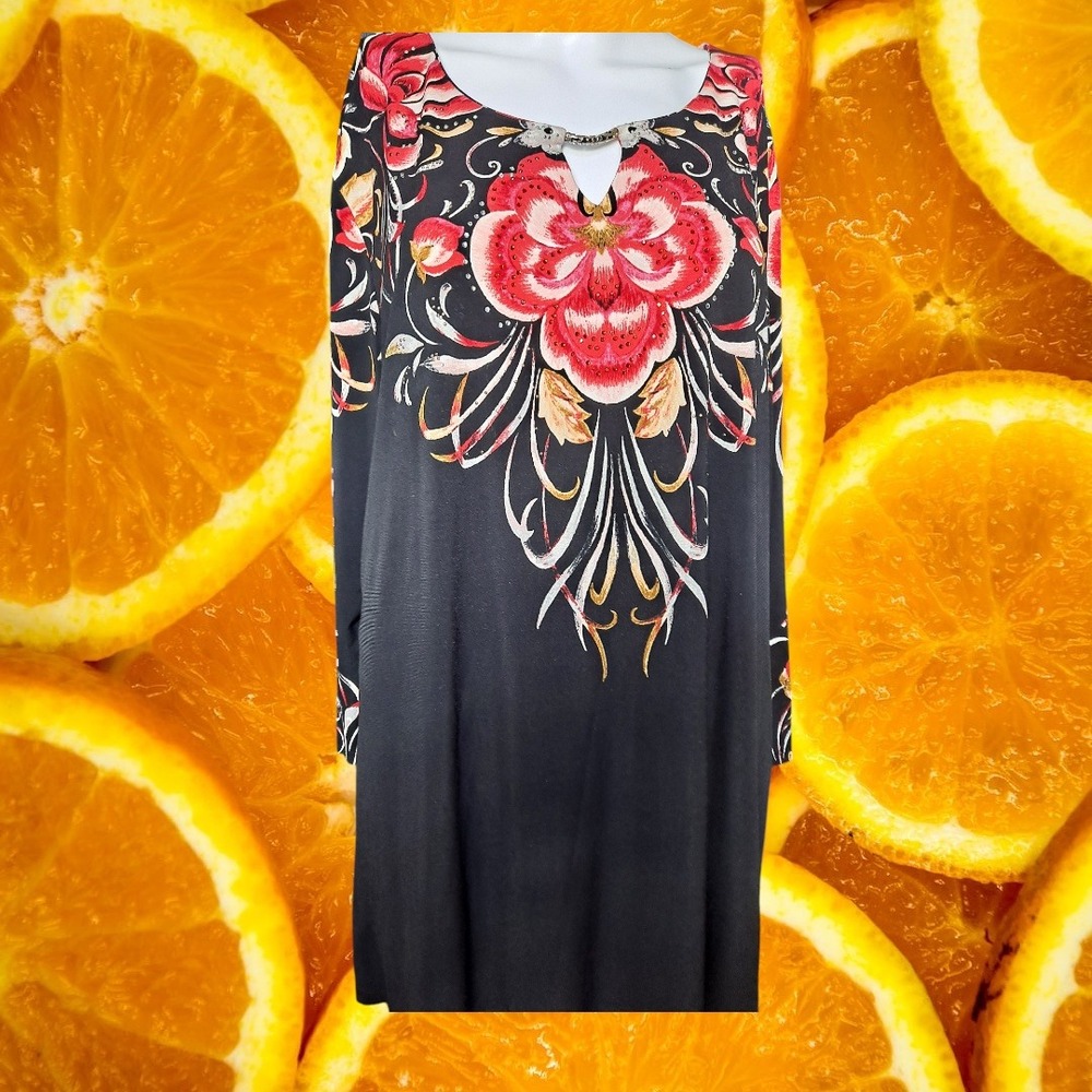 JM Collection Floral Embellished Top Blouse Elegant‎ Black Red XL